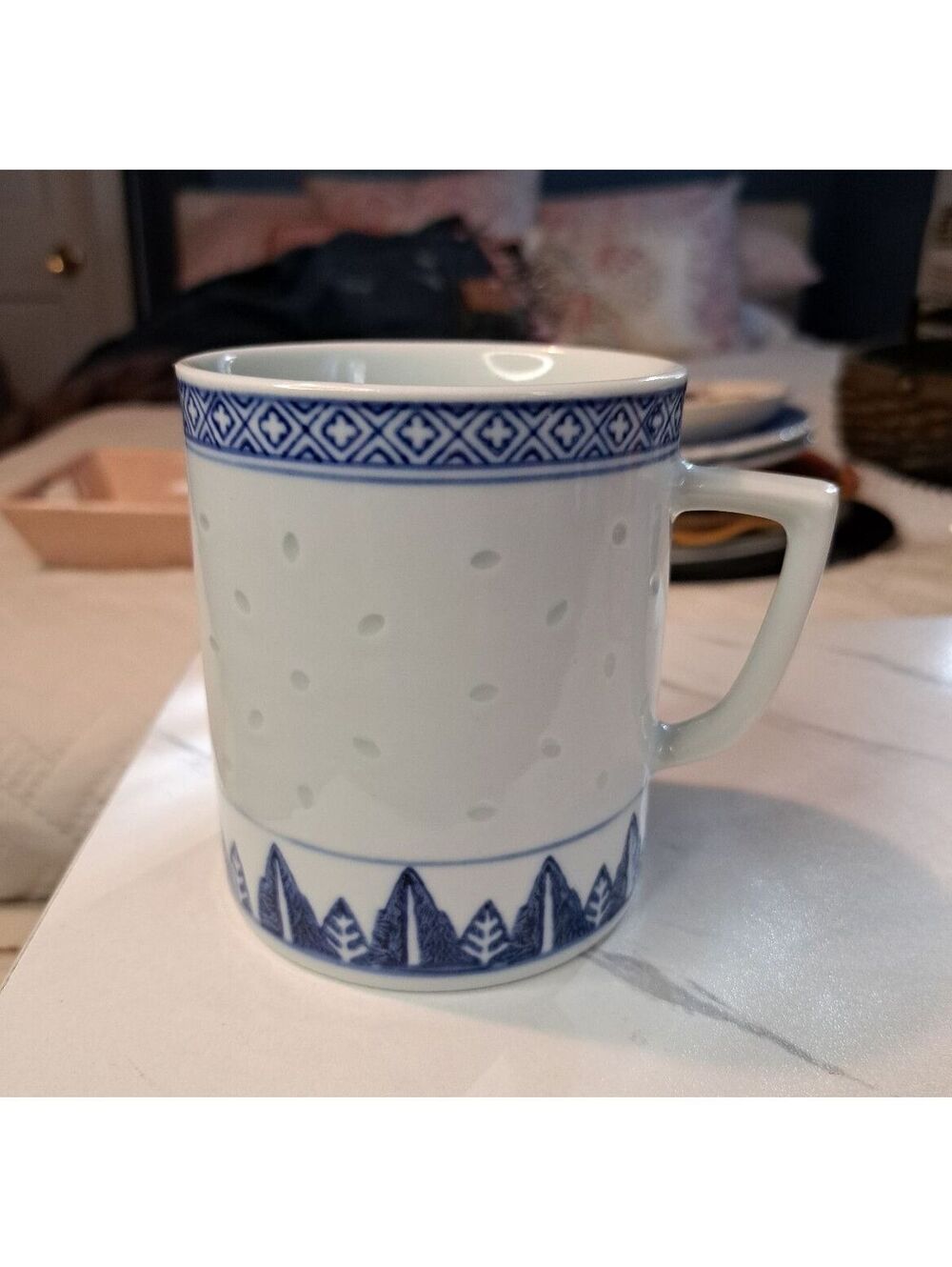 Vintage Chinese Blue & White Porcelain Mug Translucent Rice Grain Pattern 4"